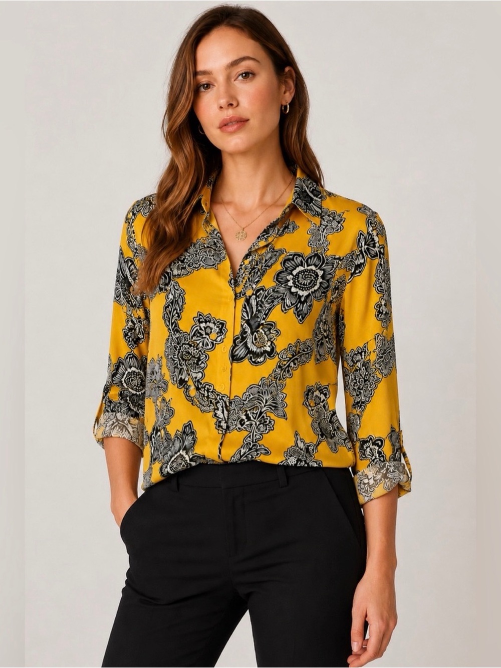 Express Portofino Slim Fit Yellow with black/white floral print